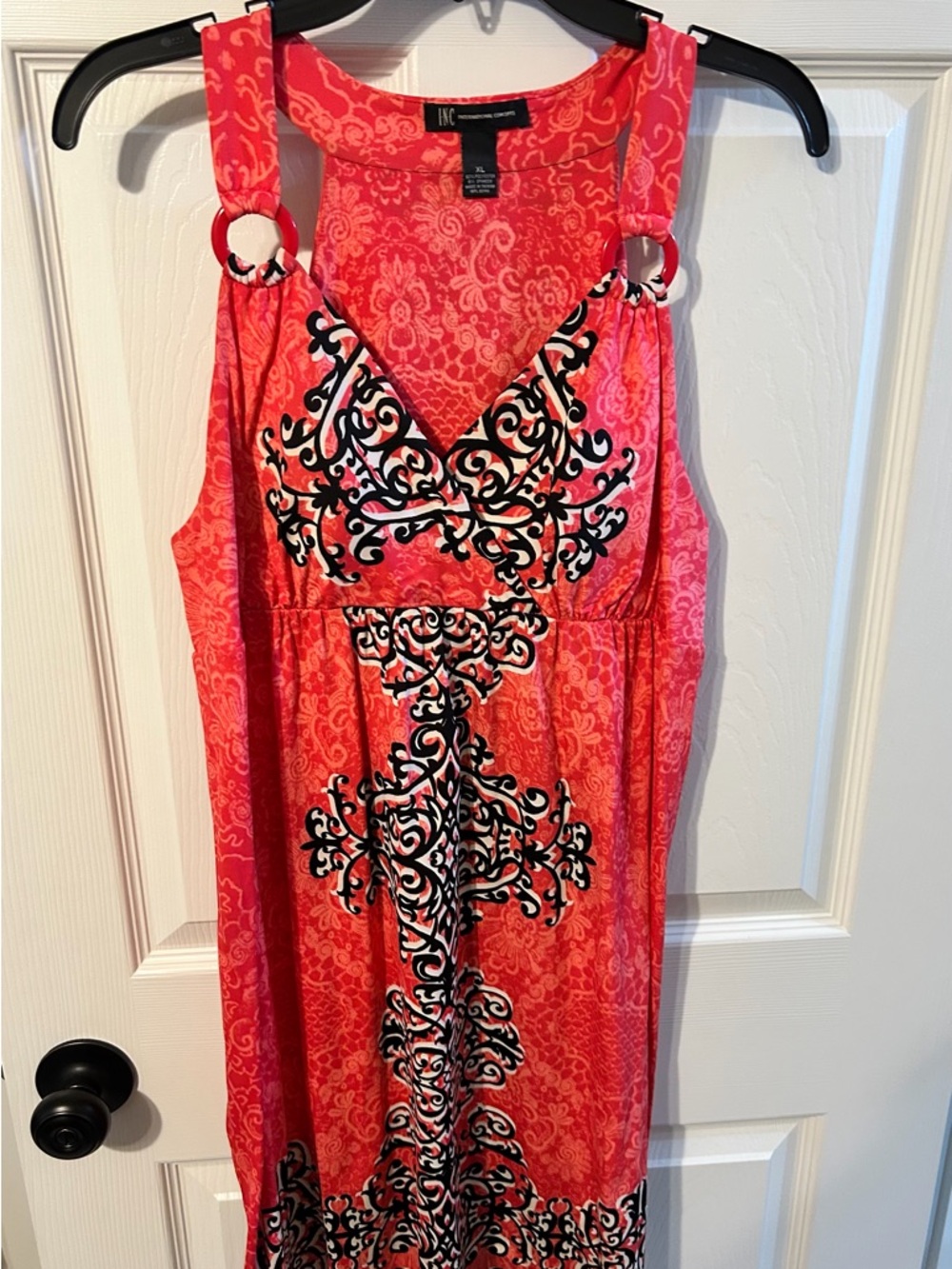 Coral Patterned Sundress with Black Scroll Design